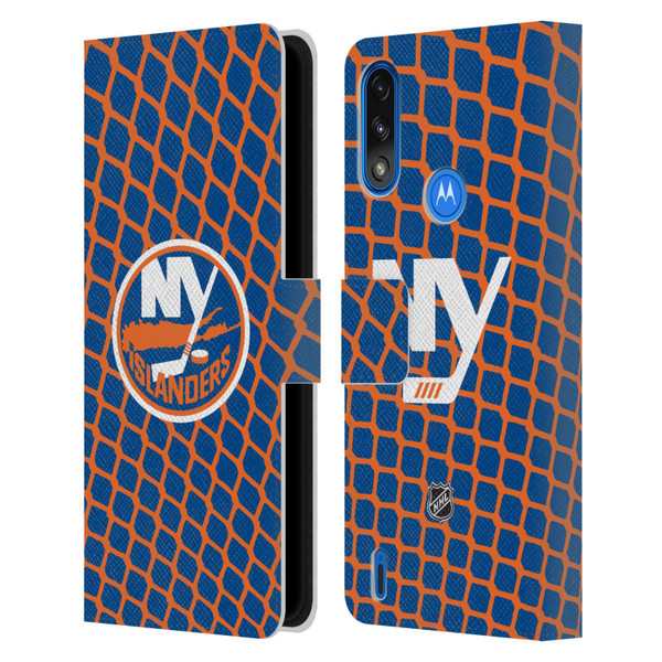 NHL New York Islanders Net Pattern Leather Book Wallet Case Cover For Motorola Moto E7 Power / Moto E7i Power