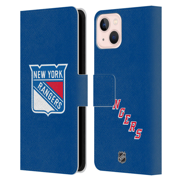 NHL New York Rangers Plain Leather Book Wallet Case Cover For Apple iPhone 13