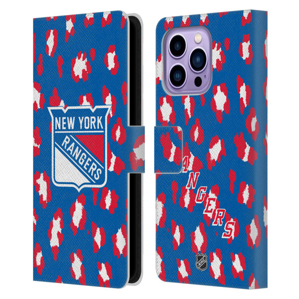NHL New York Rangers Leopard Patten Leather Book Wallet Case Cover For Apple iPhone 14 Pro Max