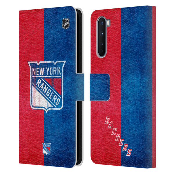 NHL New York Rangers Half Distressed Leather Book Wallet Case Cover For OnePlus Nord 5G