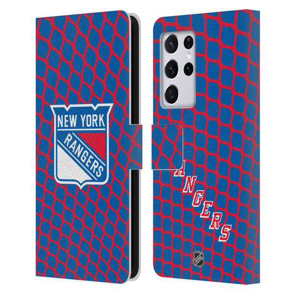 NHL New York Rangers Net Pattern Leather Book Wallet Case Cover For Samsung Galaxy S21 Ultra 5G