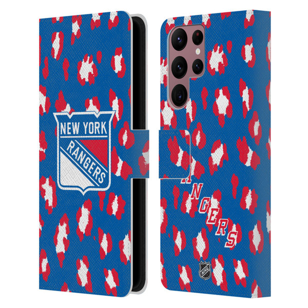 NHL New York Rangers Leopard Patten Leather Book Wallet Case Cover For Samsung Galaxy S22 Ultra 5G