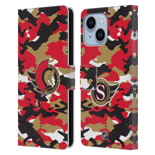 NHL Ottawa Senators Camouflage Leather Book Wallet Case Cover For Apple iPhone 14 Plus