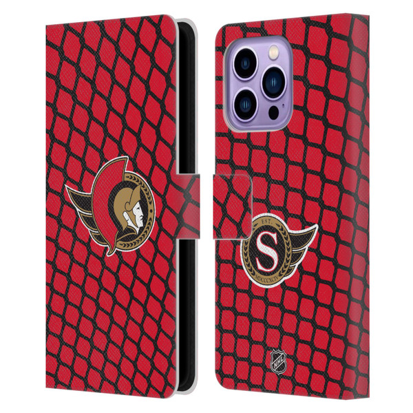 NHL Ottawa Senators Net Pattern Leather Book Wallet Case Cover For Apple iPhone 14 Pro Max