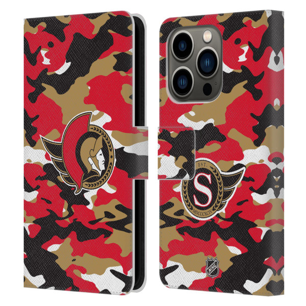 NHL Ottawa Senators Camouflage Leather Book Wallet Case Cover For Apple iPhone 14 Pro