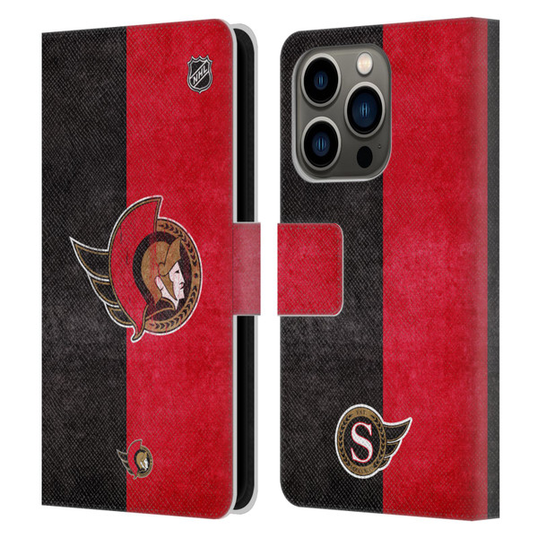 NHL Ottawa Senators Half Distressed Leather Book Wallet Case Cover For Apple iPhone 14 Pro