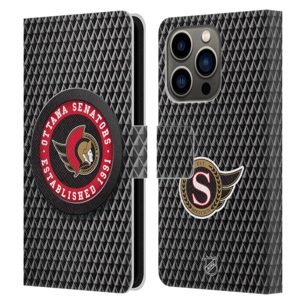 NHL Ottawa Senators Puck Texture Leather Book Wallet Case Cover For Apple iPhone 14 Pro