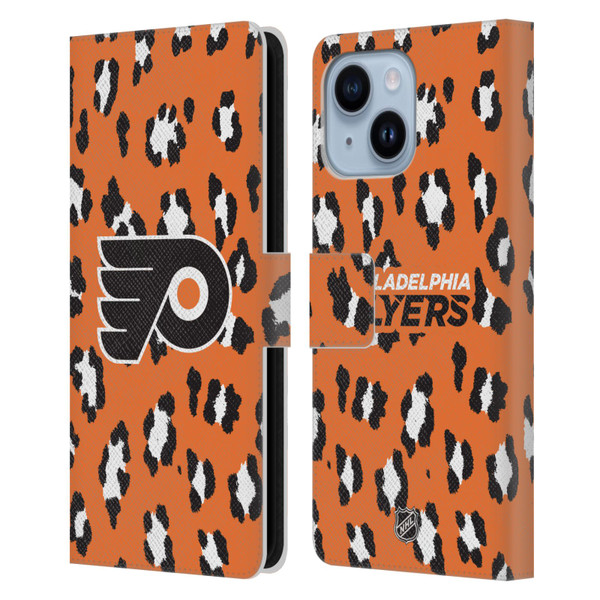 NHL Philadelphia Flyers Leopard Patten Leather Book Wallet Case Cover For Apple iPhone 14 Plus