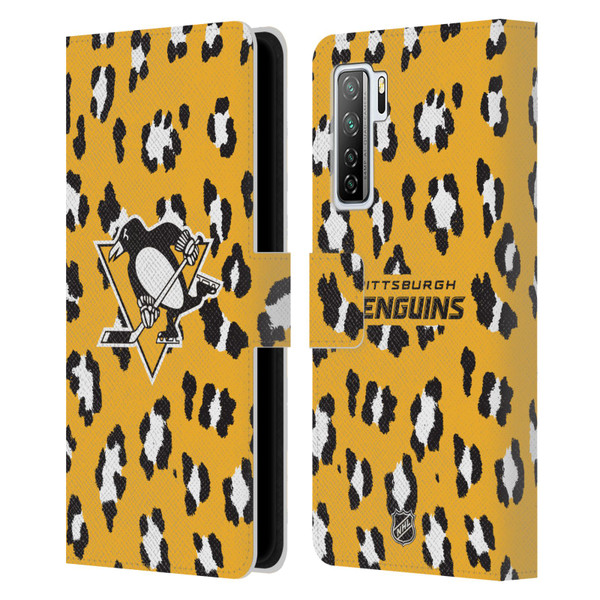 NHL Pittsburgh Penguins Leopard Patten Leather Book Wallet Case Cover For Huawei Nova 7 SE/P40 Lite 5G