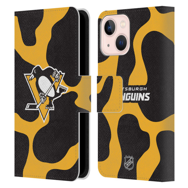 NHL Pittsburgh Penguins Cow Pattern Leather Book Wallet Case Cover For Apple iPhone 13 Mini