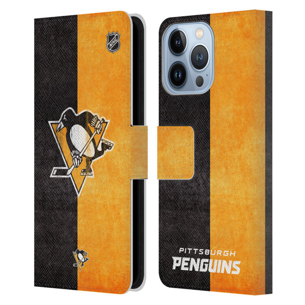 NHL Pittsburgh Penguins Half Distressed Leather Book Wallet Case Cover For Apple iPhone 13 Pro