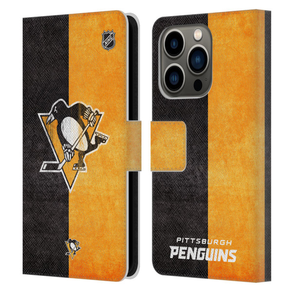 NHL Pittsburgh Penguins Half Distressed Leather Book Wallet Case Cover For Apple iPhone 14 Pro