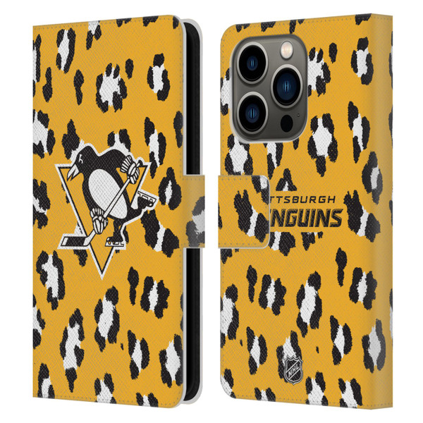 NHL Pittsburgh Penguins Leopard Patten Leather Book Wallet Case Cover For Apple iPhone 14 Pro
