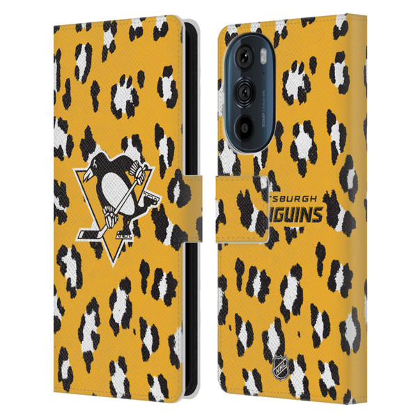 NHL Pittsburgh Penguins Leopard Patten Leather Book Wallet Case Cover For Motorola Edge 30