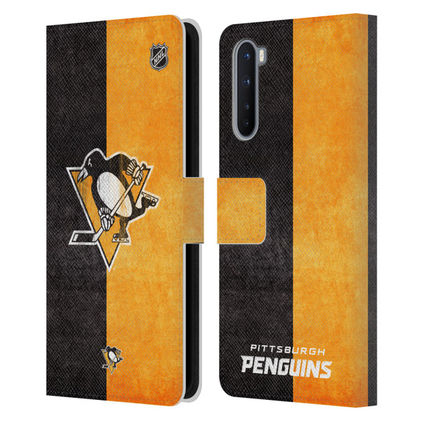 NHL Pittsburgh Penguins Half Distressed Leather Book Wallet Case Cover For OnePlus Nord 5G