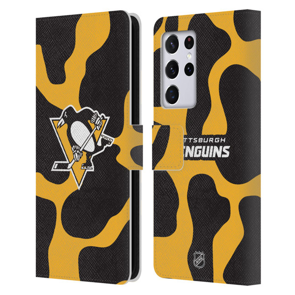 NHL Pittsburgh Penguins Cow Pattern Leather Book Wallet Case Cover For Samsung Galaxy S21 Ultra 5G