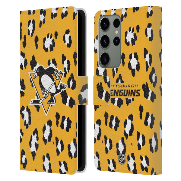 NHL Pittsburgh Penguins Leopard Patten Leather Book Wallet Case Cover For Samsung Galaxy S23 Ultra 5G