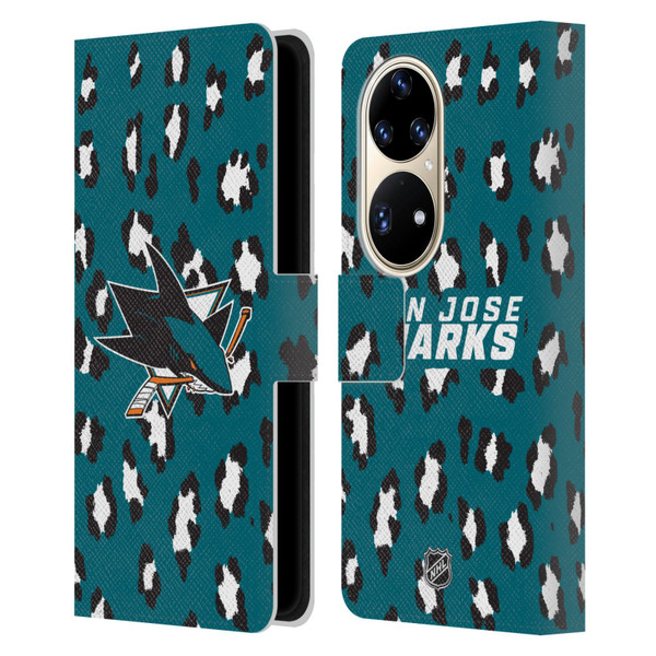 NHL San Jose Sharks Leopard Patten Leather Book Wallet Case Cover For Huawei P50 Pro