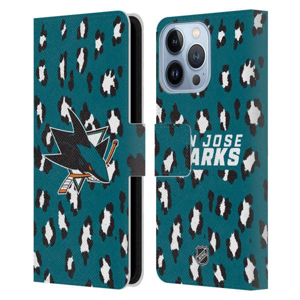 NHL San Jose Sharks Leopard Patten Leather Book Wallet Case Cover For Apple iPhone 13 Pro