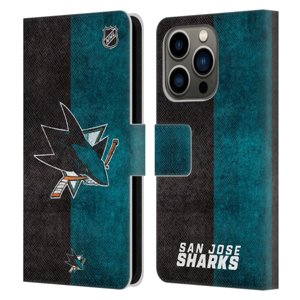 NHL San Jose Sharks Half Distressed Leather Book Wallet Case Cover For Apple iPhone 14 Pro