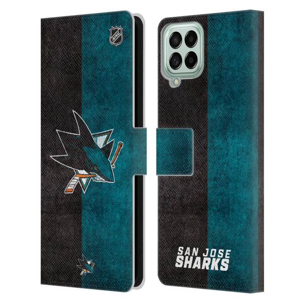 NHL San Jose Sharks Half Distressed Leather Book Wallet Case Cover For Samsung Galaxy M33 (2022)