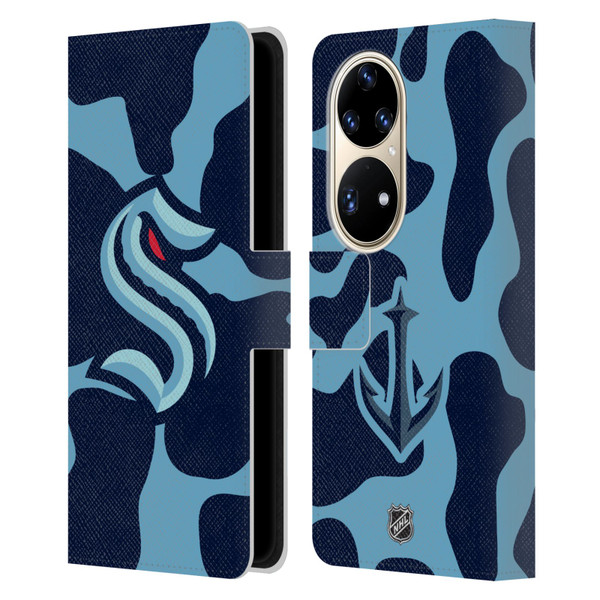NHL Seattle Kraken Cow Pattern Leather Book Wallet Case Cover For Huawei P50 Pro