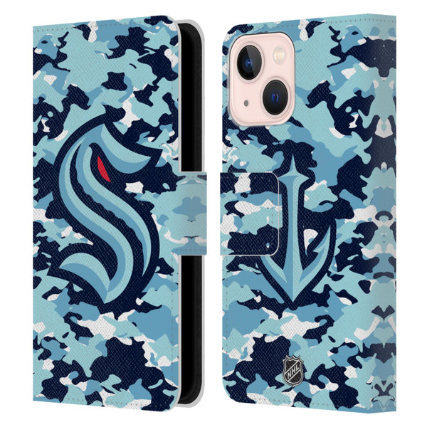 NHL Seattle Kraken Camouflage Leather Book Wallet Case Cover For Apple iPhone 13 Mini