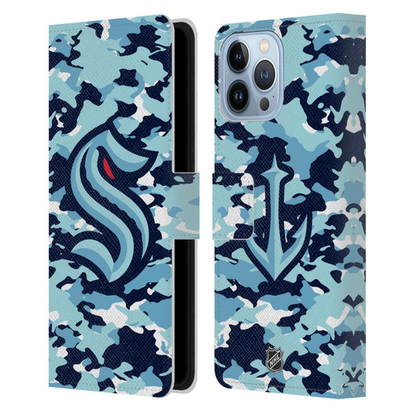 NHL Seattle Kraken Camouflage Leather Book Wallet Case Cover For Apple iPhone 13 Pro Max