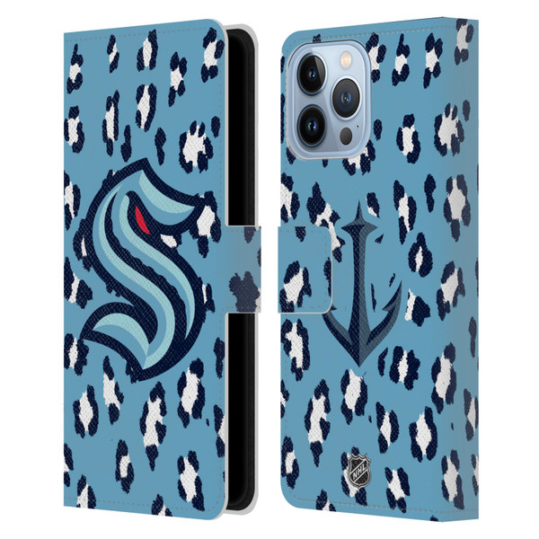 NHL Seattle Kraken Leopard Patten Leather Book Wallet Case Cover For Apple iPhone 13 Pro Max