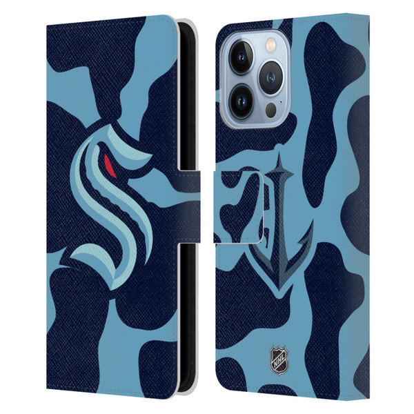 NHL Seattle Kraken Cow Pattern Leather Book Wallet Case Cover For Apple iPhone 13 Pro