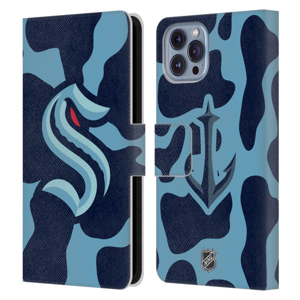 NHL Seattle Kraken Cow Pattern Leather Book Wallet Case Cover For Apple iPhone 14