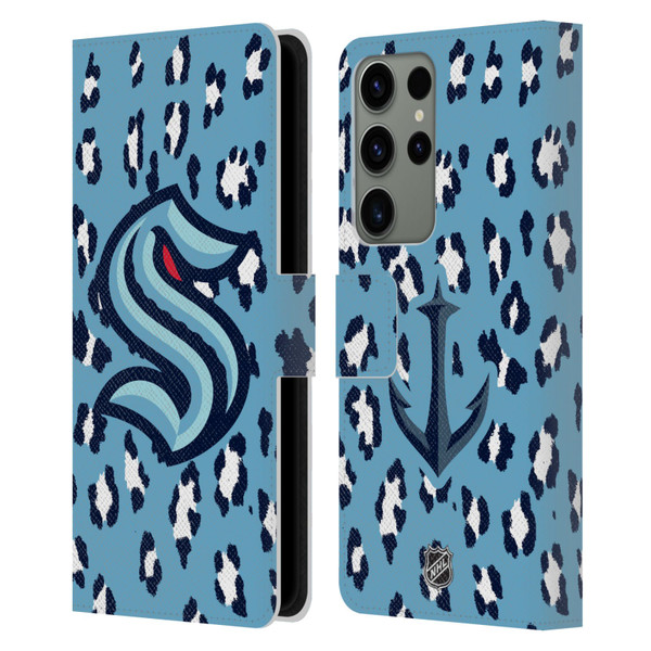 NHL Seattle Kraken Leopard Patten Leather Book Wallet Case Cover For Samsung Galaxy S23 Ultra 5G