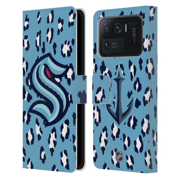 NHL Seattle Kraken Leopard Patten Leather Book Wallet Case Cover For Xiaomi Mi 11 Ultra