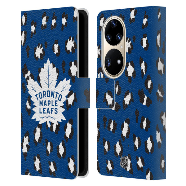 NHL Toronto Maple Leafs Leopard Patten Leather Book Wallet Case Cover For Huawei P50 Pro
