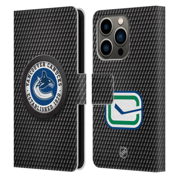 NHL Vancouver Canucks Puck Texture Leather Book Wallet Case Cover For Apple iPhone 14 Pro