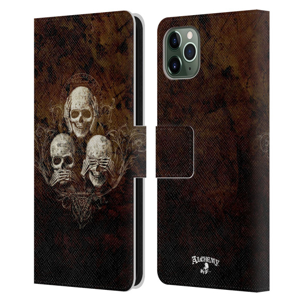 Alchemy Gothic Skull No Evil Three Skull Leather Book Wallet Case Cover For Apple iPhone 11 Pro Max
