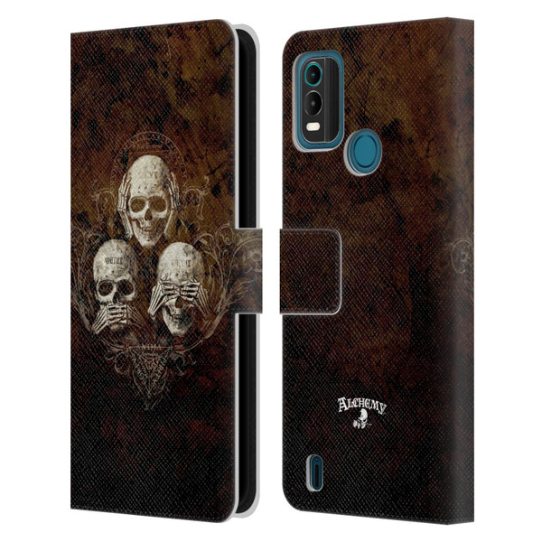 Alchemy Gothic Skull No Evil Three Skull Leather Book Wallet Case Cover For Nokia G11 Plus
