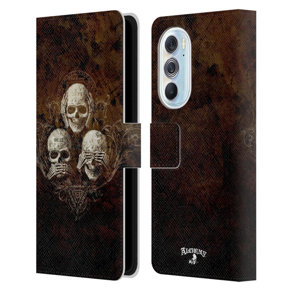 Alchemy Gothic Skull No Evil Three Skull Leather Book Wallet Case Cover For Motorola Edge X30