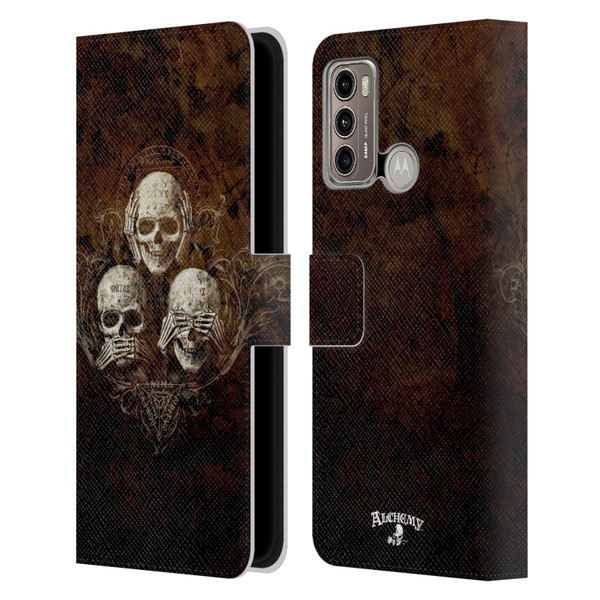 Alchemy Gothic Skull No Evil Three Skull Leather Book Wallet Case Cover For Motorola Moto G60 / Moto G40 Fusion