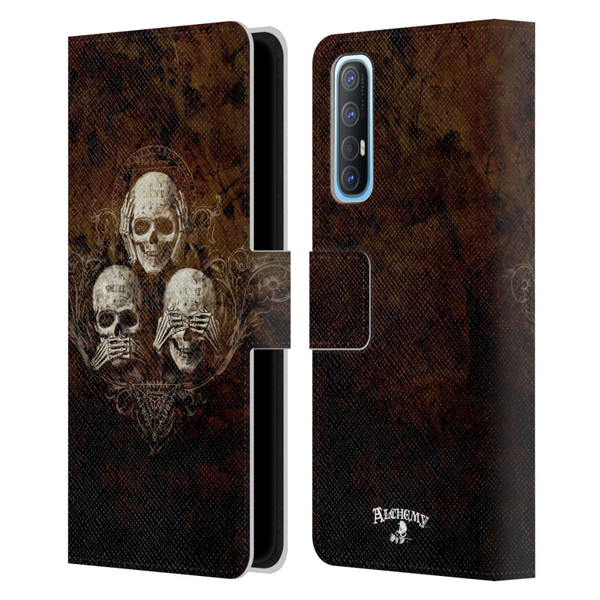 Alchemy Gothic Skull No Evil Three Skull Leather Book Wallet Case Cover For OPPO Find X2 Neo 5G