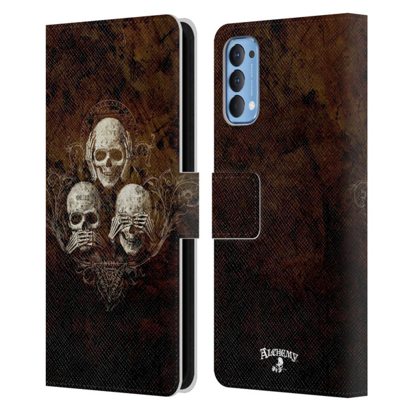 Alchemy Gothic Skull No Evil Three Skull Leather Book Wallet Case Cover For OPPO Reno 4 5G