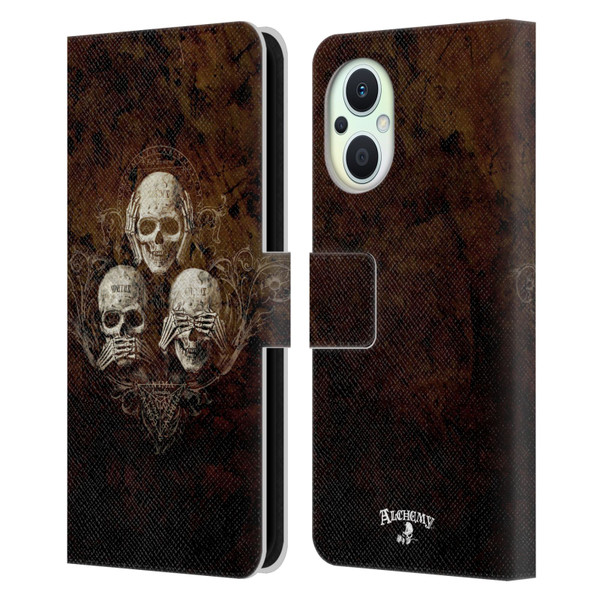 Alchemy Gothic Skull No Evil Three Skull Leather Book Wallet Case Cover For OPPO Reno8 Lite