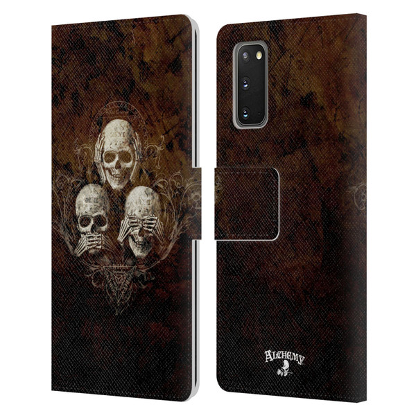 Alchemy Gothic Skull No Evil Three Skull Leather Book Wallet Case Cover For Samsung Galaxy S20 / S20 5G