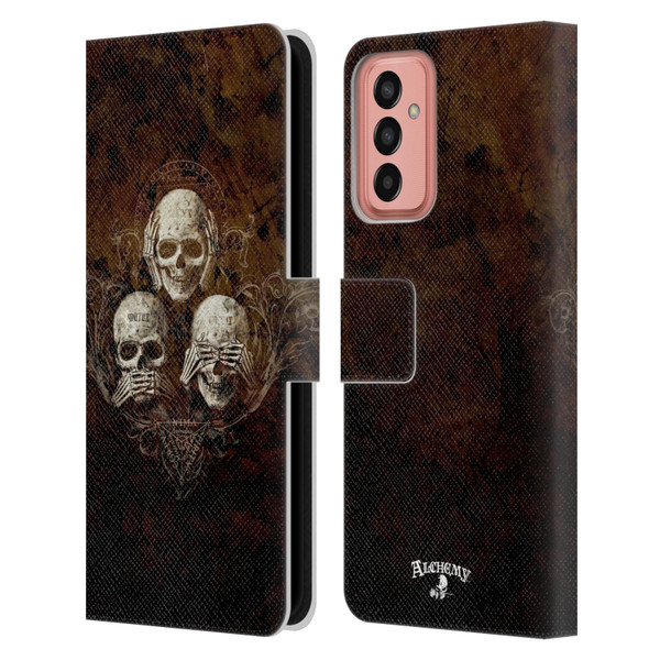 Alchemy Gothic Skull No Evil Three Skull Leather Book Wallet Case Cover For Samsung Galaxy M13 (2022)