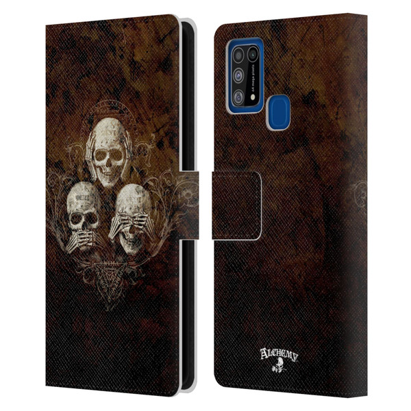 Alchemy Gothic Skull No Evil Three Skull Leather Book Wallet Case Cover For Samsung Galaxy M31 (2020)