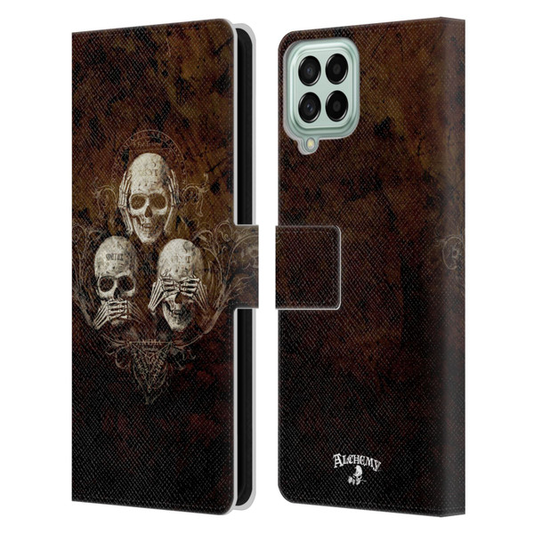 Alchemy Gothic Skull No Evil Three Skull Leather Book Wallet Case Cover For Samsung Galaxy M33 (2022)