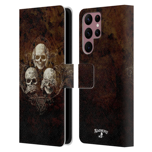 Alchemy Gothic Skull No Evil Three Skull Leather Book Wallet Case Cover For Samsung Galaxy S22 Ultra 5G