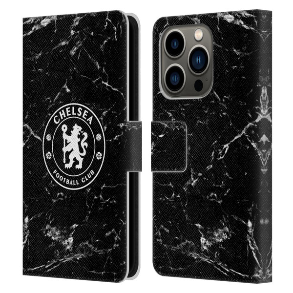 Chelsea Football Club Crest Black Marble Leather Book Wallet Case Cover For Apple iPhone 14 Pro