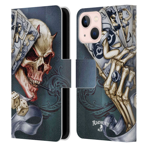 Alchemy Gothic Skull And Cards Read 'Em And Weep Leather Book Wallet Case Cover For Apple iPhone 13 Mini