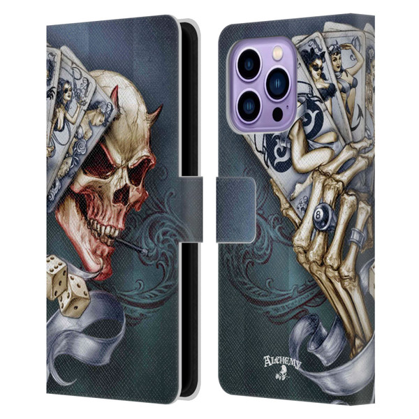 Alchemy Gothic Skull And Cards Read 'Em And Weep Leather Book Wallet Case Cover For Apple iPhone 14 Pro Max
